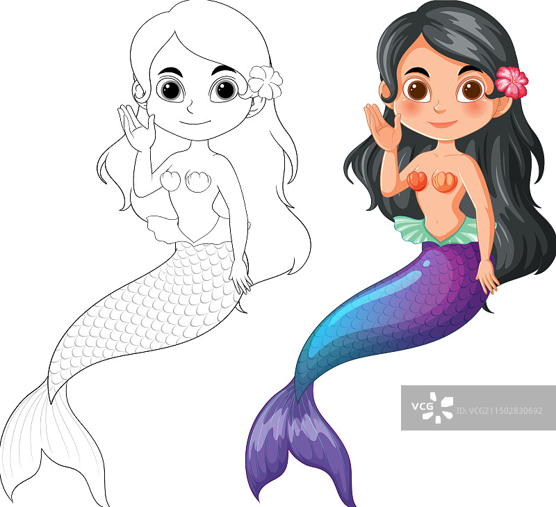 两个美人鱼，彩色和轮廓图片素材