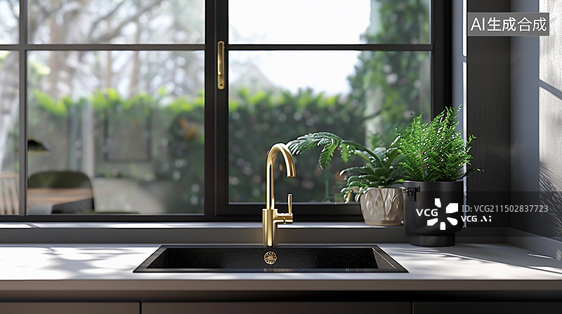 【AI数字艺术】现代智能家居设计——轻奢风厨房水槽与龙头设计图片素材