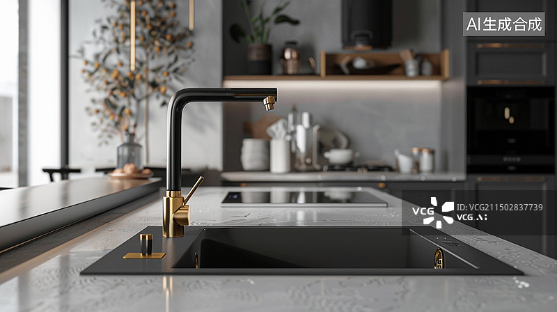 【AI数字艺术】现代智能家居设计——轻奢风厨房水槽与龙头设计图片素材