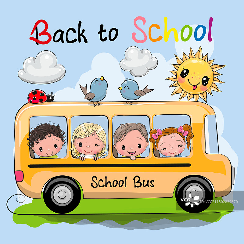 黄色校车和四个卡通儿童图片素材