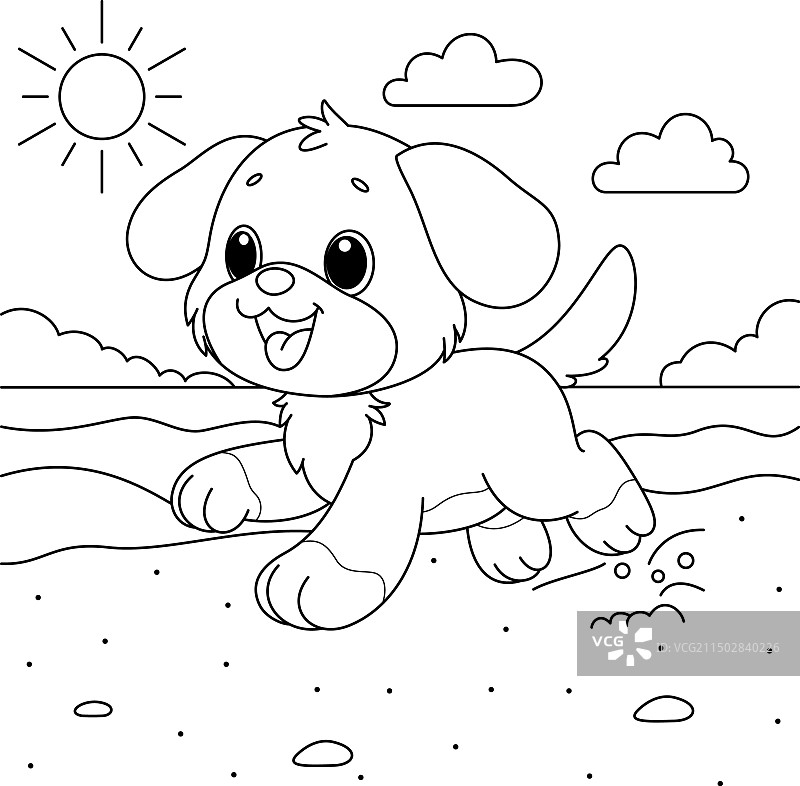 在沙滩上奔跑的可爱小狗填色页图片素材