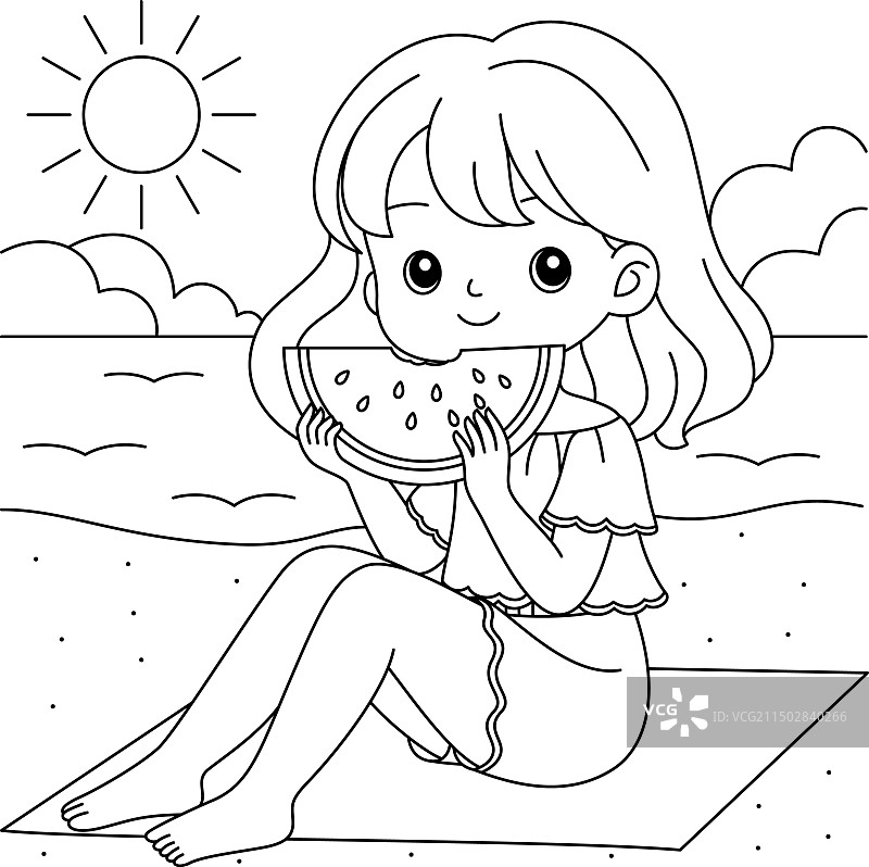 在夏日海滩吃西瓜的可爱女孩图片素材