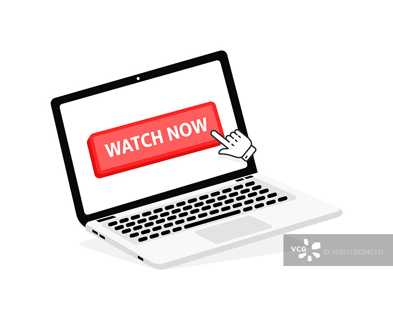 笔记本电脑屏幕上的“立即观看”字样和红色按钮图片素材