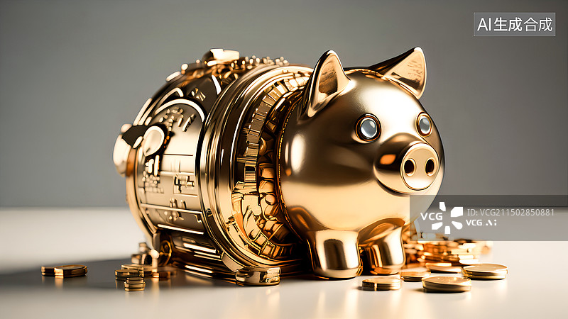 【AI数字艺术】灰色背景下桌子上的小猪罐特写镜头图片素材