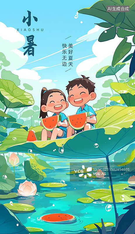 【AI数字艺术】夏天吃西瓜插画小暑荷花池节气海报开屏页设计模版图片素材