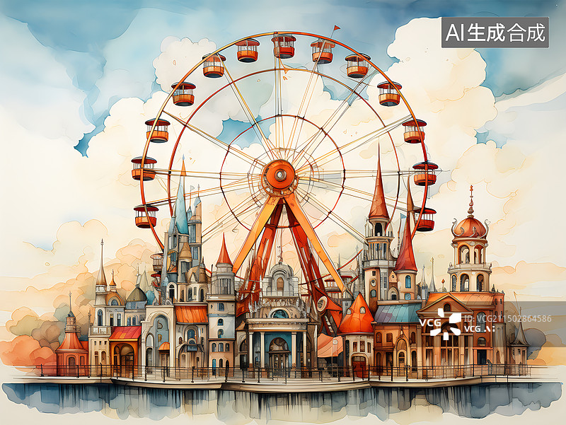 【AI数字艺术】儿童游乐场设施旋转木马摩天轮等图片素材