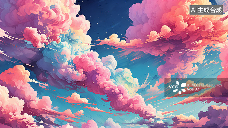 【AI数字艺术】高耸入云的云层，治愈唯美日落天空插画图片素材