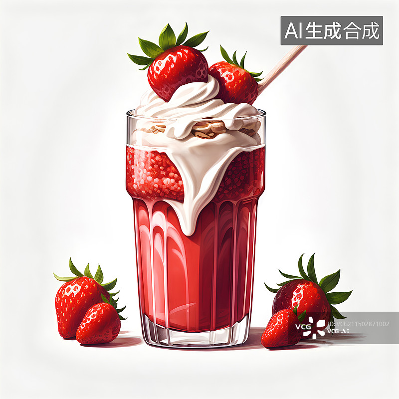 【AI数字艺术】白色背景下的玻璃草莓奶昔插画图片素材