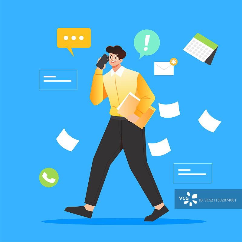 白领在蓝色背景下用智能手机交谈图片素材