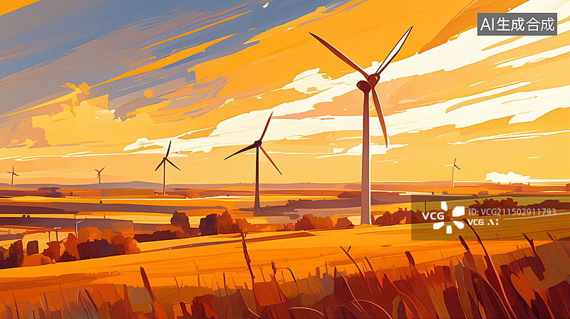 【AI数字艺术】落日下户外的风力发电机组唯美风景插画图片素材
