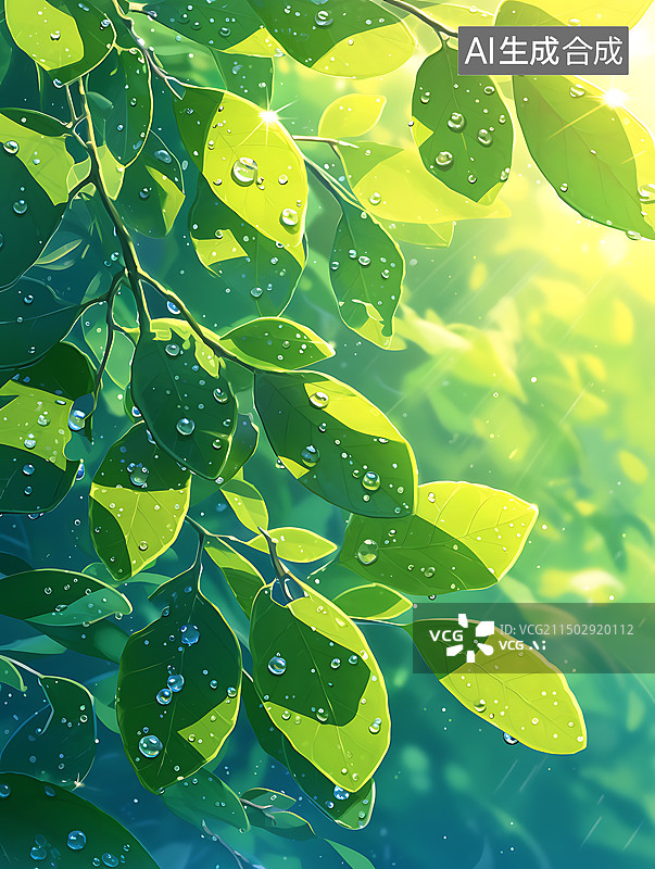 【AI数字艺术】树叶上的水滴唯美春天夏天阳光插图图片素材