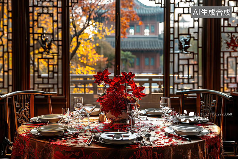 【AI数字艺术】中国传统中式庭院背景下的中国古典风格餐厅图片素材
