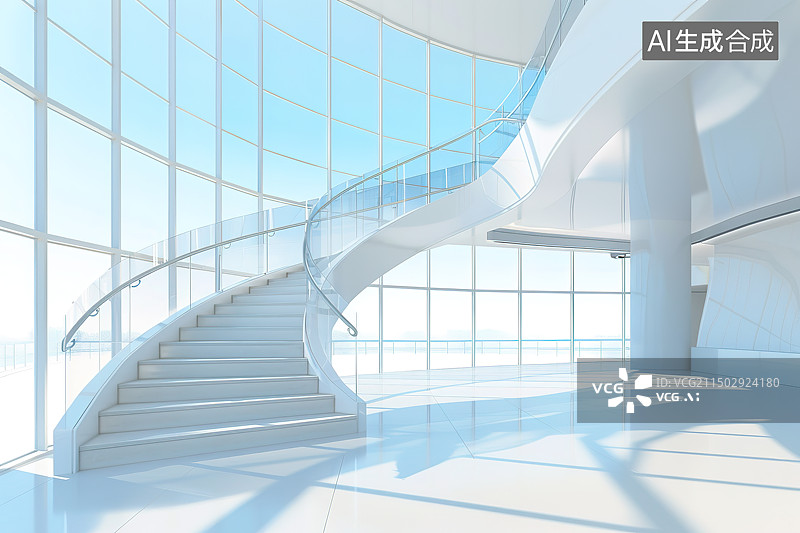 【AI数字艺术】极简白色现代建筑室内空间旋转楼梯图片素材