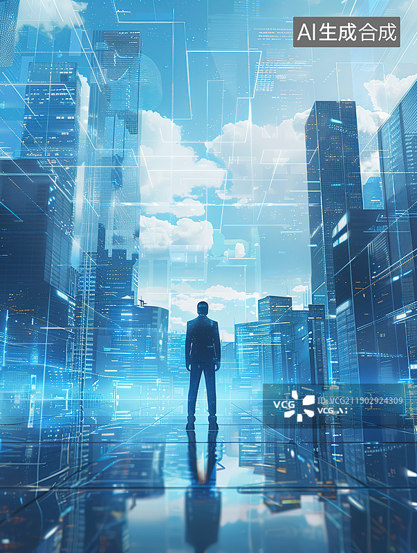 【AI数字艺术】城市高楼背景下身穿正装的男性商人后视图图片素材