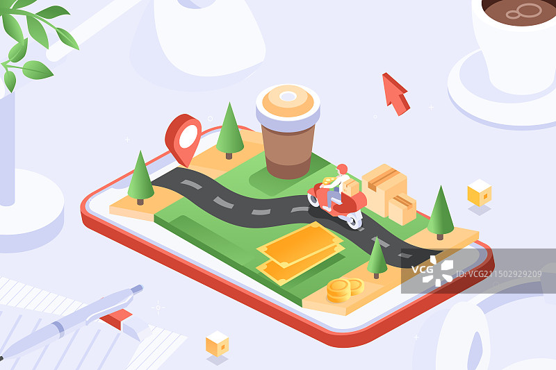 卡通2.5D等距城市出行汽车优惠消费购物电商网购外卖美食娱乐休闲音乐节教育学生网课旅游渐变矢量插画图片素材