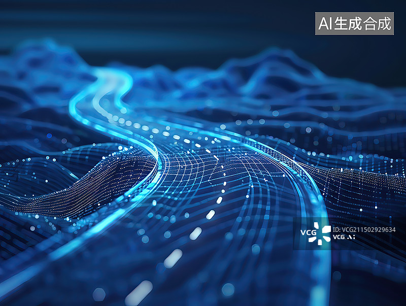 【AI数字艺术】科技互联网概念的公路和山全息图图片素材