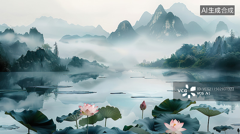 【AI数字艺术】荷花山水背景图片素材