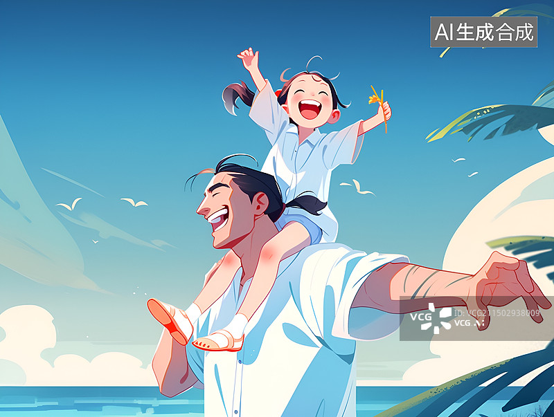 【AI数字艺术】父亲带着孩子在海边开心的游玩图片素材