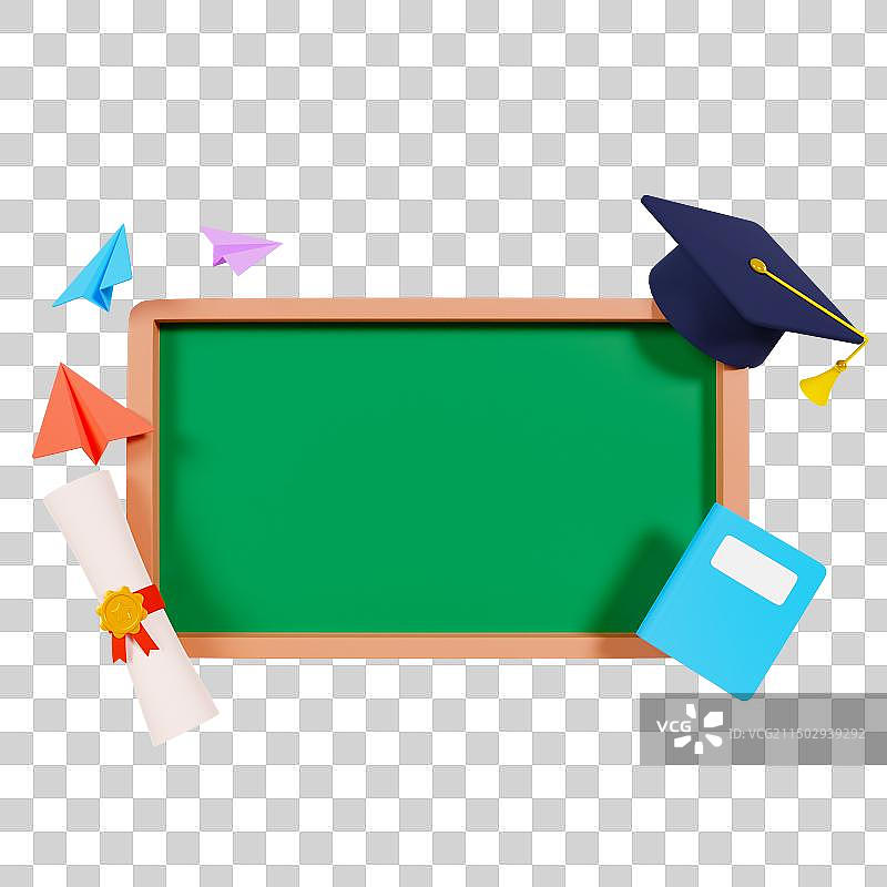 3D立体空白黑板边框学士帽录取通知书书本文字框元素图片素材