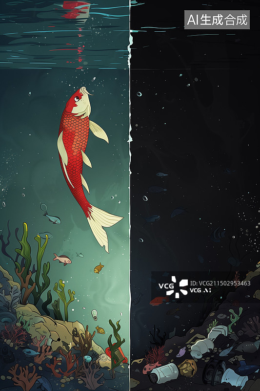 【AI数字艺术】现代海洋河流湖泊污染前后对比创意插画场景背景图片素材