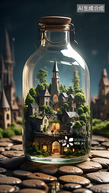 【AI数字艺术】瓶子里的微缩景观，3D，移轴，世界图片素材