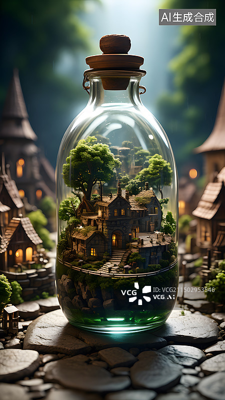 【AI数字艺术】瓶子里的微缩景观，3D，移轴，世界图片素材