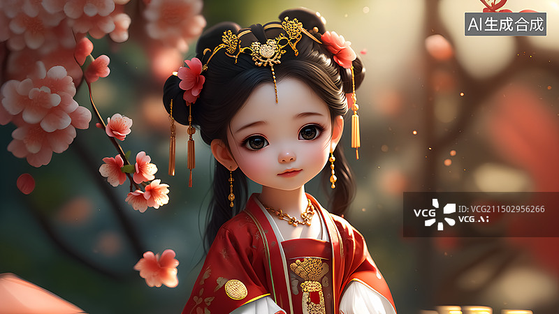 【AI数字艺术】桃花下的汉服女孩插画图片素材
