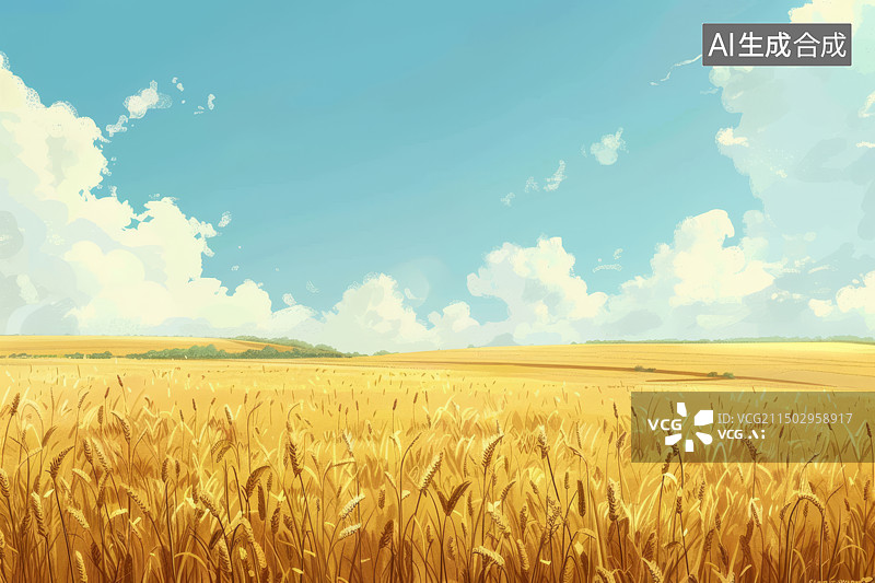 【AI数字艺术】秋日天空下金黄色的田野图片素材