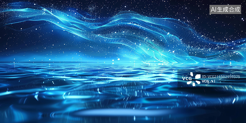 【AI数字艺术】蓝色发光粒子线条与水面波纹科技背景图片素材