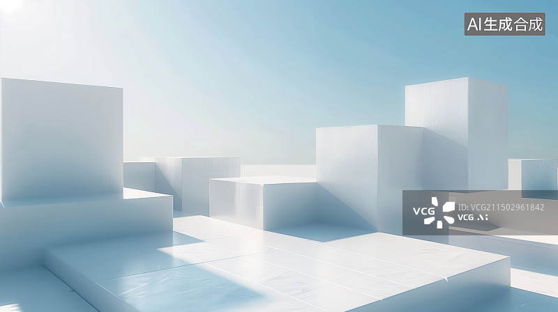 【AI数字艺术】3D蓝天白云立方体产品展台图片素材