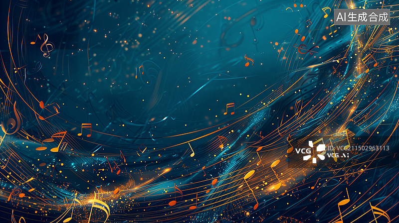 【AI数字艺术】蓝色背景金色音符和五线谱图片素材