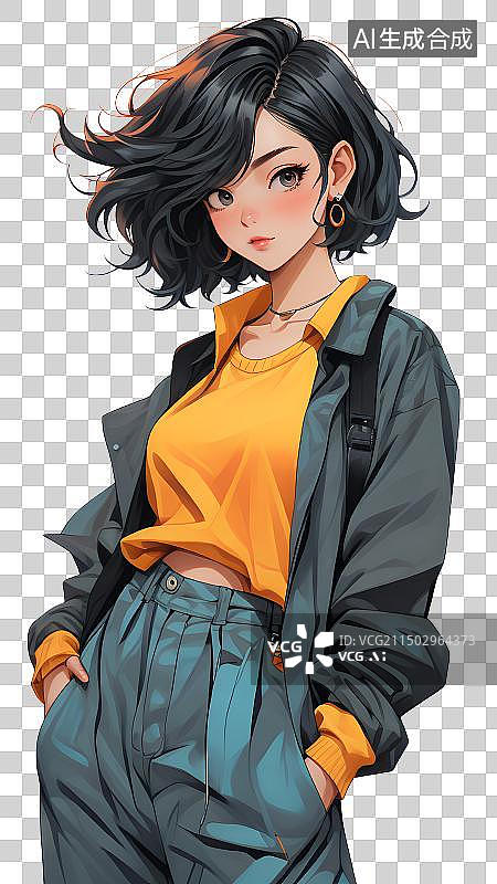 【AI数字艺术】漫画短发少女，90年代日漫画风，复古怀旧日漫画风，二次元人物免抠元素图片素材