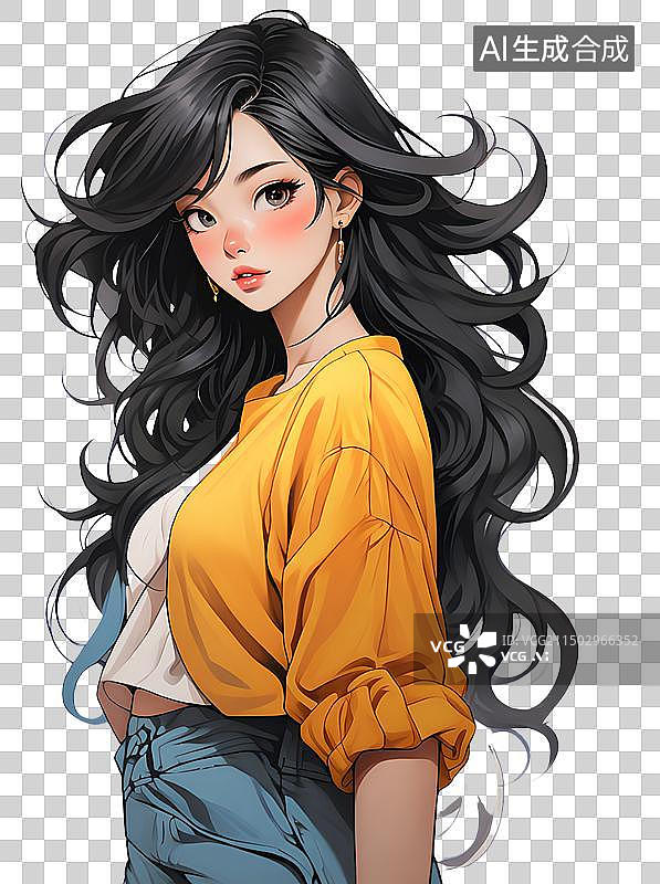 【AI数字艺术】手绘漫画长发少女，90年代日漫画风，复古怀旧日漫画风，二次元人物免抠元素图片素材