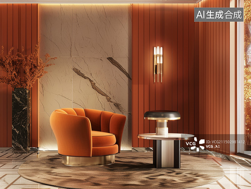 【AI数字艺术】橙色背景下的客厅中的单人沙发茶几和台灯背景图片素材