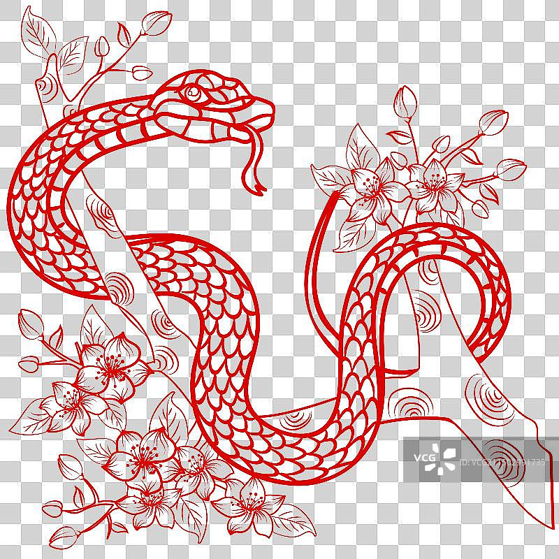 红色剪纸蛇年生肖蛇在花树上素材图片素材