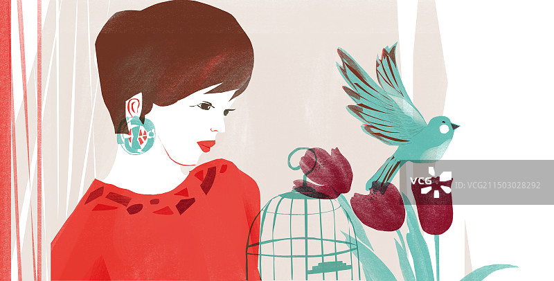 放飞小鸟回归自由的女性插画图片素材