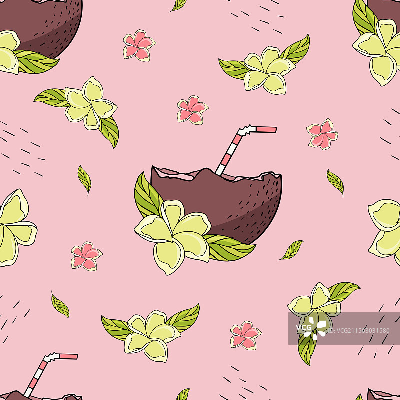 椰子鸡尾酒和鸡蛋花图案图片素材