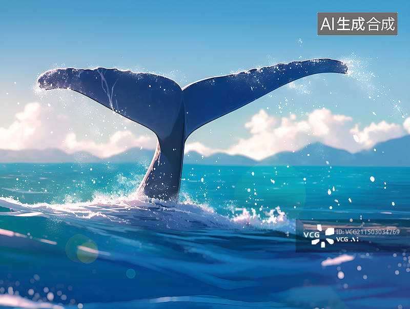 【AI数字艺术】碧海蓝天下的鲸鱼尾巴的特写镜头图片素材
