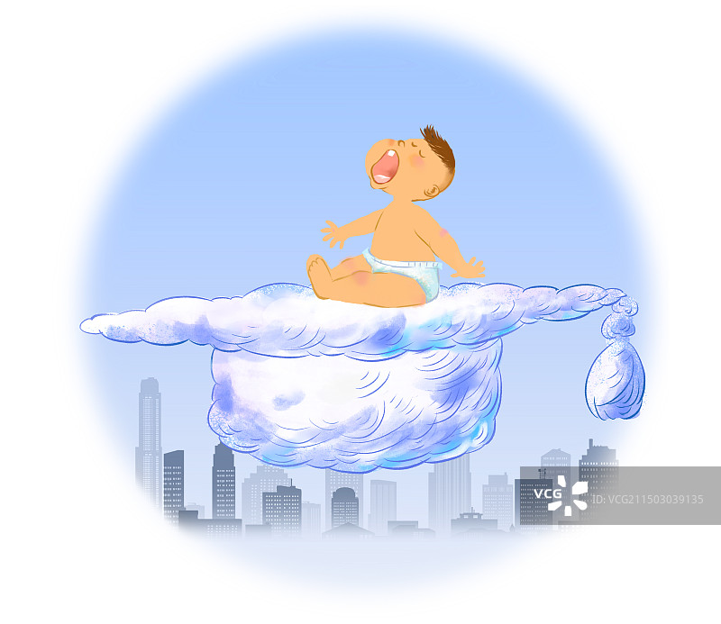 宝贝坐在云彩形状的博士帽上，父母的期待图片素材