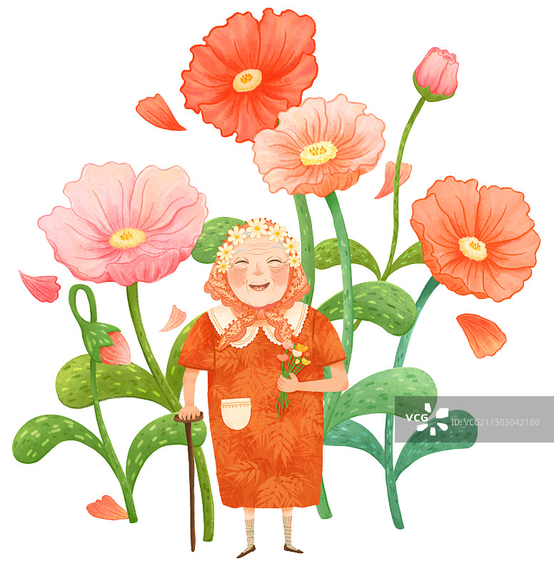 拄着拐杖的老奶奶手捧鲜花站在花丛中图片素材
