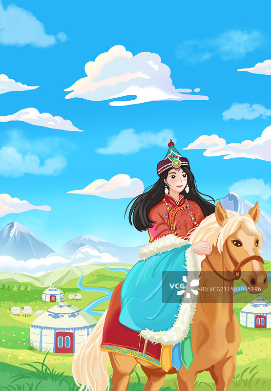 天空/蓝天/草原/蒙古女孩/大草原/骑马图片素材