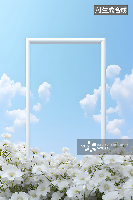 【AI数字艺术】鲜花丛中的一个白色框架图片素材