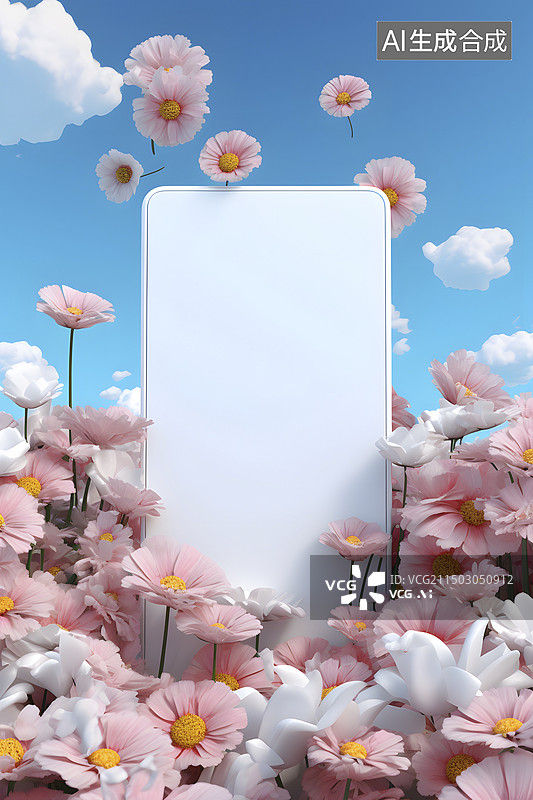 【AI数字艺术】鲜花丛中的一个白色框架图片素材