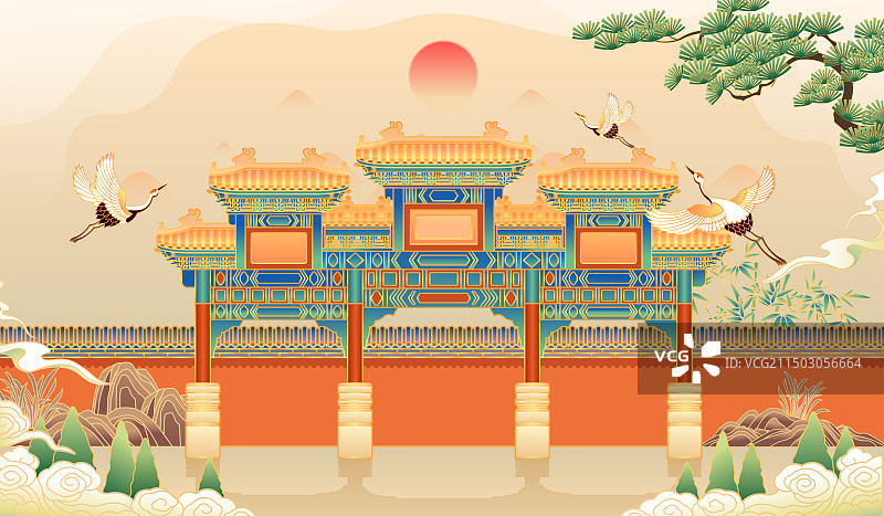 北京雍和宫牌坊建筑插画图片素材