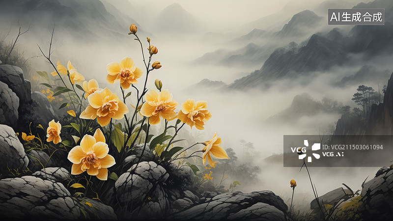 【AI数字艺术】一丛长在岩石之间的黄色兰花图片素材