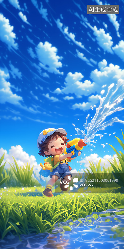 【AI数字艺术】夏天在河边玩水枪的男孩图片素材