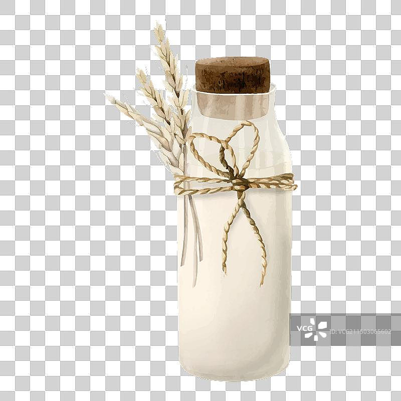 用绳子和小麦装饰的玻璃牛奶瓶图片素材