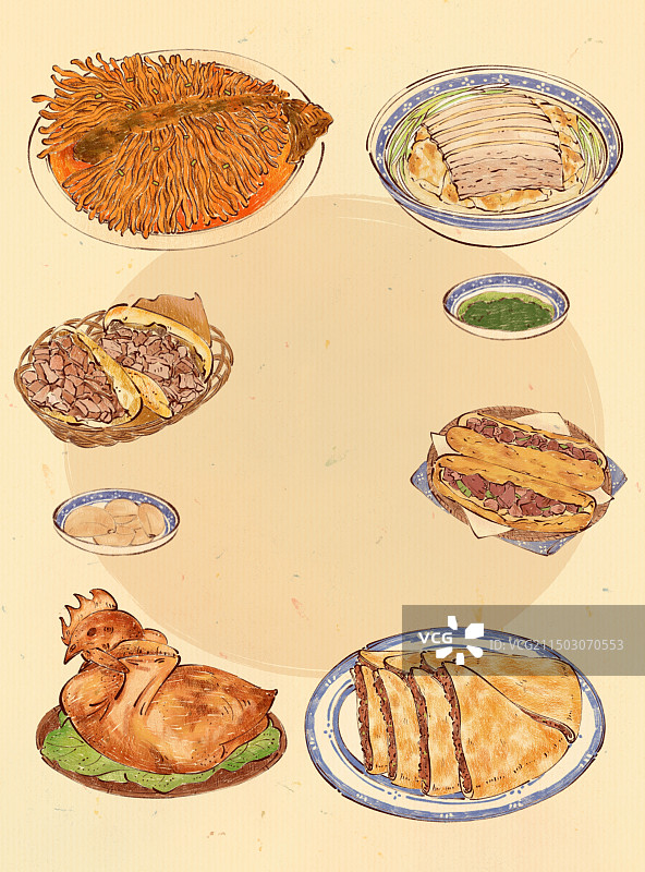 手绘河北特色美食冀菜香河肉饼驴肉火烧等插画图片素材
