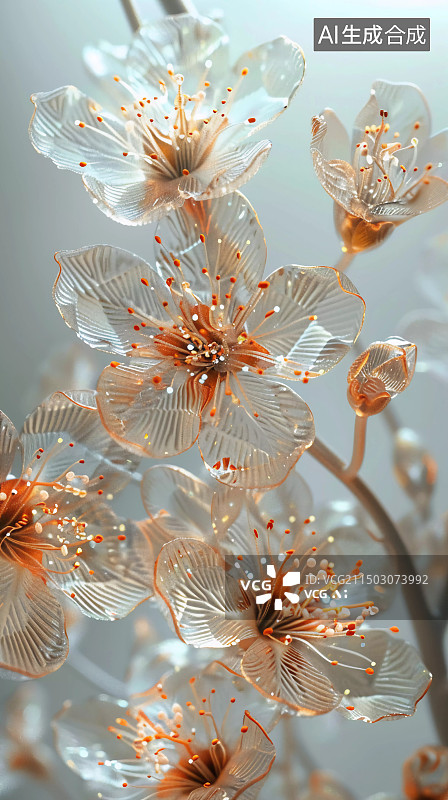 【AI数字艺术】植物上的透明花瓣梨花等特写镜头图片素材