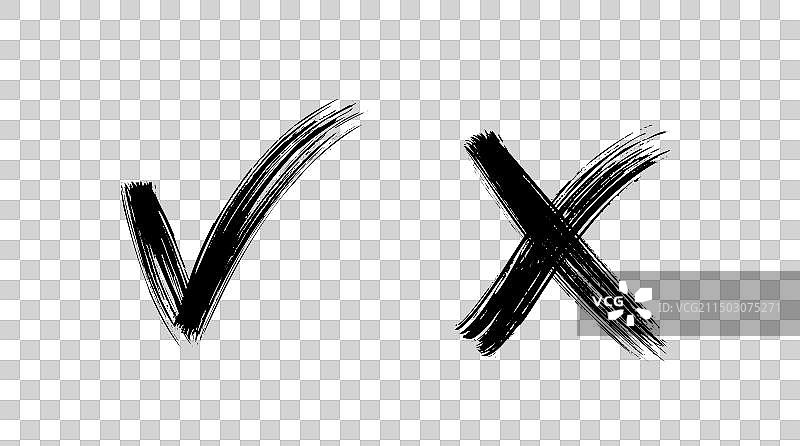 画笔绘制的“是”和“否”复选标记（黑色背景）图片素材